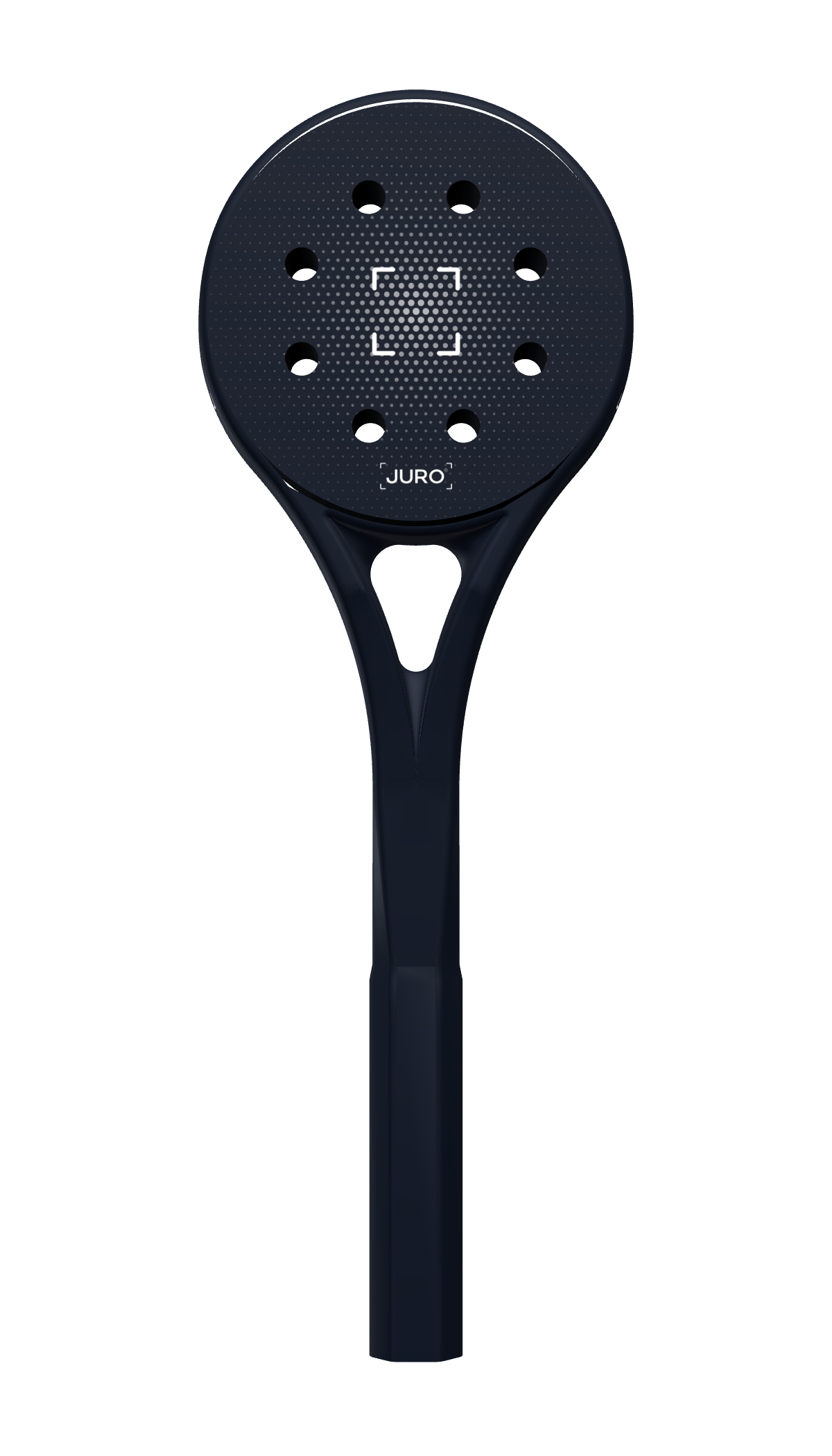 The JURO FOCUS padel racket seen straight on, with the bracket mark in the centre of the face