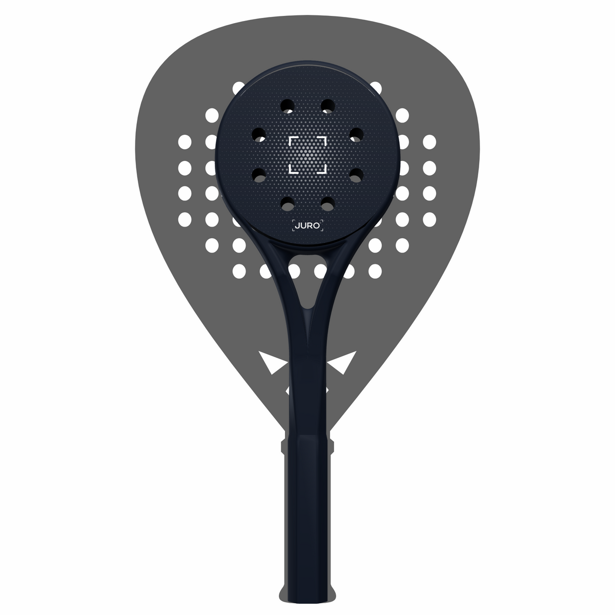 The JURO FOCUS standing inside the outline of a standard padel racket, showing the smaller head